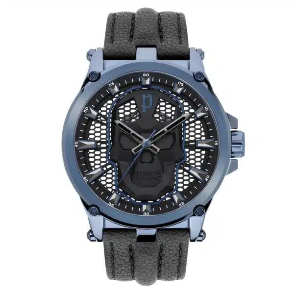 Police Blue Case Men Watch Skull Design