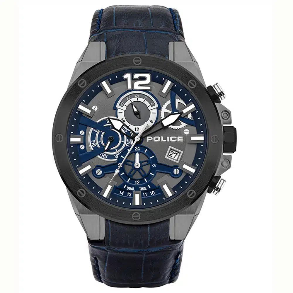 Police Multifunctioneel Blauw Leren Herenhorloge