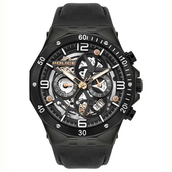 Police Men's Skeleton Watch - Black Leather