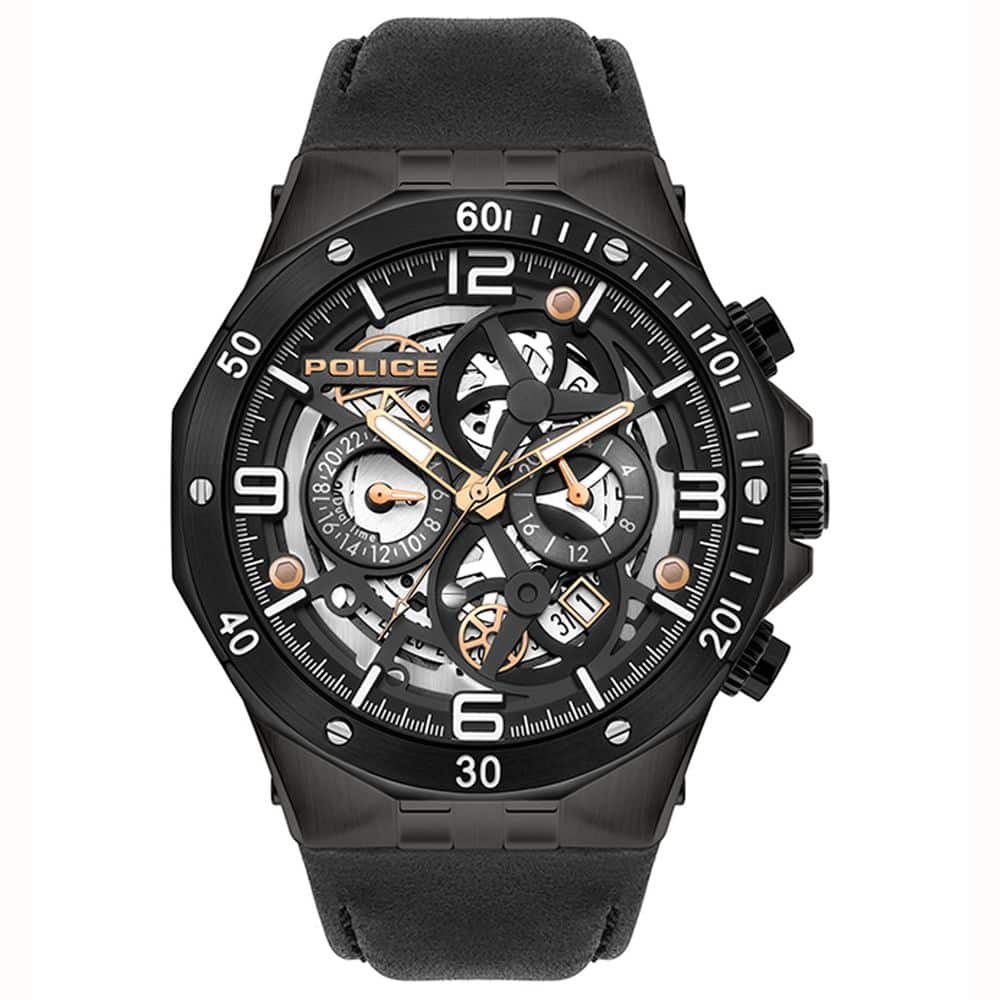 Police Men's Skeleton Watch - Black Leather